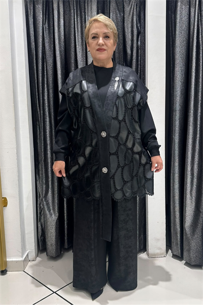 Selma Büyük Beden Broş Aksesuarlı Yelekli Üçlü Takım