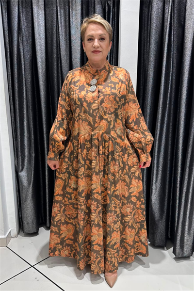 Selma Büyük Beden Broş Detaylı Tafta Elbise