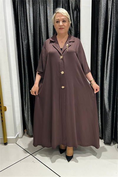 Selma Büyük Beden Broş Detaylı Uzun Elbise