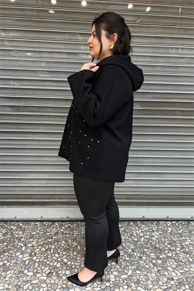 Selma Büyük Beden Cepli Çakma Taş İşlemeli Kapüşonlu Ceket