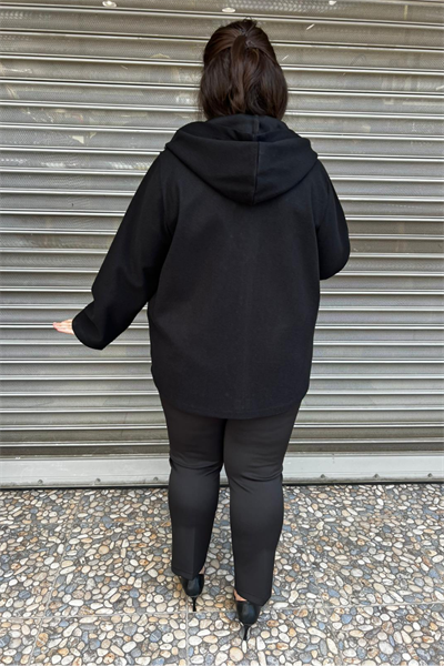 Selma Büyük Beden Cepli Çakma Taş İşlemeli Kapüşonlu Ceket