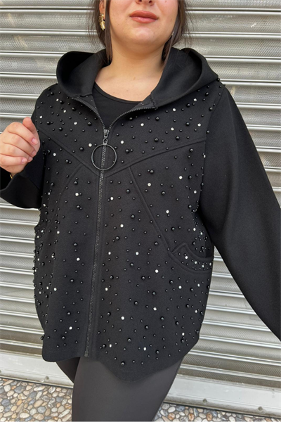 Selma Büyük Beden Cepli Çakma Taş İşlemeli Kapüşonlu Ceket