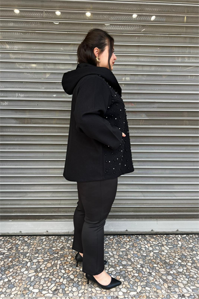 Selma Büyük Beden Cepli Çakma Taş İşlemeli Kapüşonlu Ceket