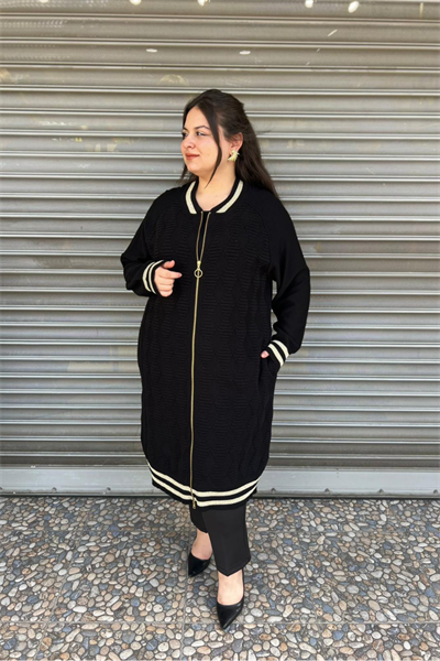 Selma Büyük Beden Cepli Fermuarlı Triko Uzun Kap
