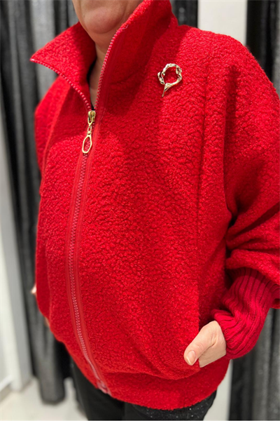 Selma Büyük Beden Cepli Şık Kırmızı Mont