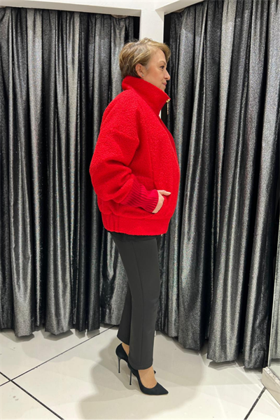 Selma Büyük Beden Cepli Şık Kırmızı Mont