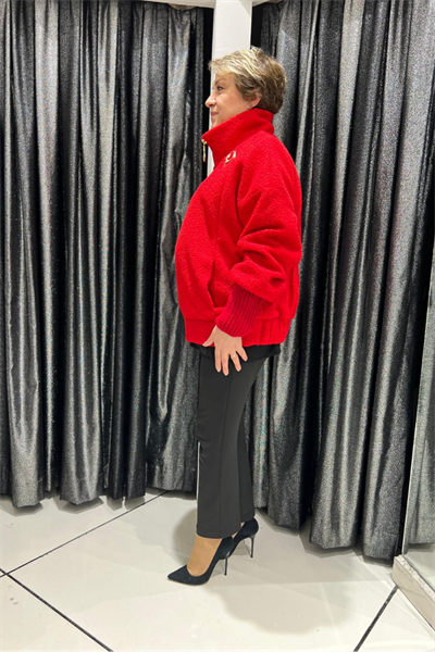 Selma Büyük Beden Cepli Şık Kırmızı Mont