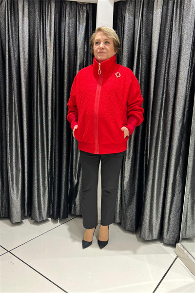 Selma Büyük Beden Cepli Şık Kırmızı Mont