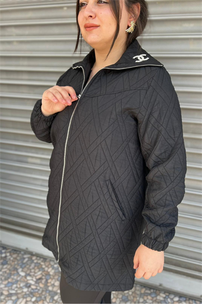 Selma Büyük Beden Cepli ve Broş Detaylı Siyah Uzun Kap