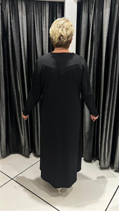 Selma Büyük Beden Cepli Yaprak Desenli Siyah Elbise