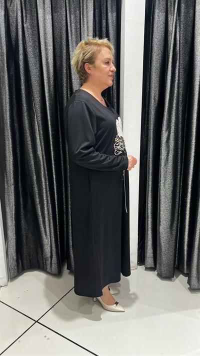 Selma Büyük Beden Cepli Yaprak Desenli Siyah Elbise