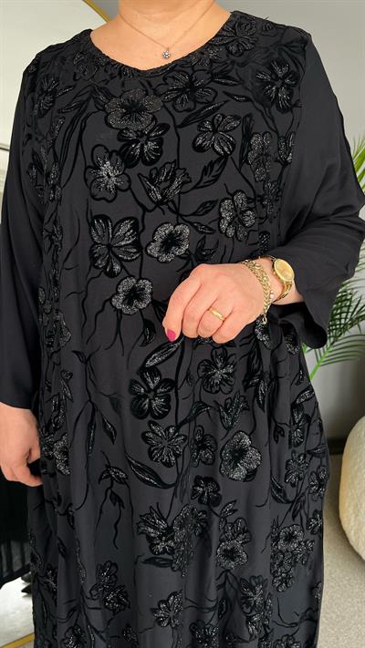 Selma Büyük Beden Çiçek Desen İşlemeli Elbise