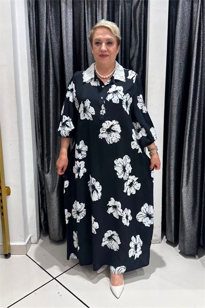 Selma Büyük Beden Çiçek Desenli Dantel Yaka Elbise