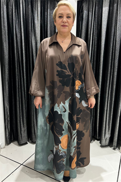 Selma Büyük Beden Çiçek Desenli Dökümlü Saten Elbise