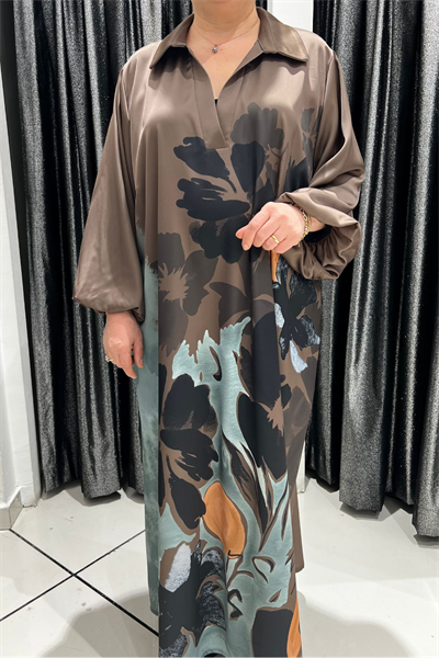 Selma Büyük Beden Çiçek Desenli Dökümlü Saten Elbise