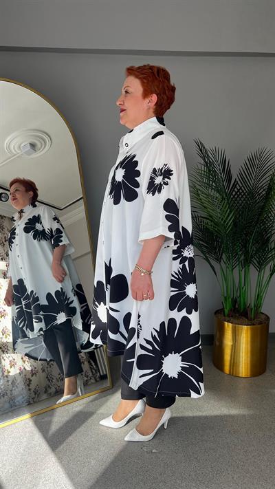 Selma Büyük Beden Çİçek Desenli Keten Tunik/Gömlek