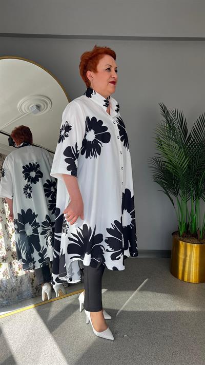 Selma Büyük Beden Çİçek Desenli Keten Tunik/Gömlek