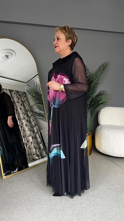 Selma Büyük Beden Çiçek Desenli Siyah Elbise