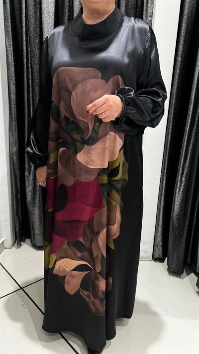 Selma Büyük Beden Çiçek Desenli Siyah Saten Elbise