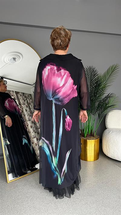 Selma Büyük Beden Çiçek Desenli Siyah Elbise