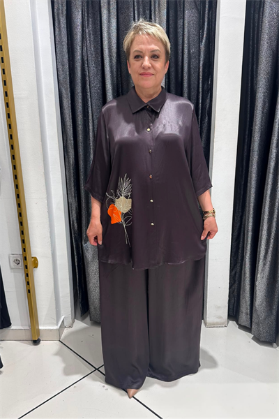 Selma Büyük Beden Çiçek Detaylı Saten Takım