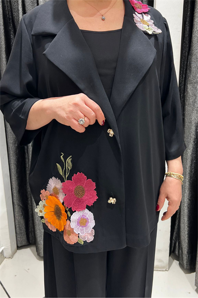 Selma Büyük Beden Çiçek İşlemeli Pantolon Ceket Takımı