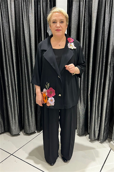 Selma Büyük Beden Çiçek İşlemeli Pantolon Ceket Takımı