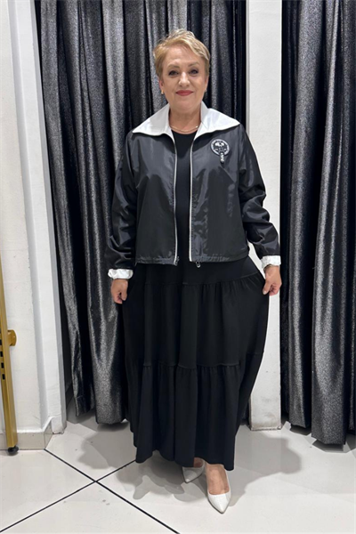 Selma Büyük Beden Çift Yönlü Montlu Askılı Elbise Takım