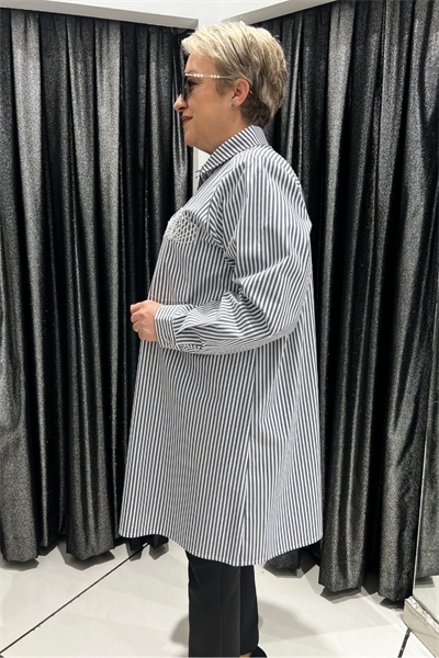 Selma Büyük Beden Çizgili Dantel Detaylı Tunik