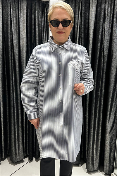 Selma Büyük Beden Çizgili Dantel Detaylı Tunik