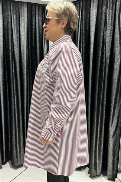 Selma Büyük Beden Çizgili Dantel Detaylı Tunik