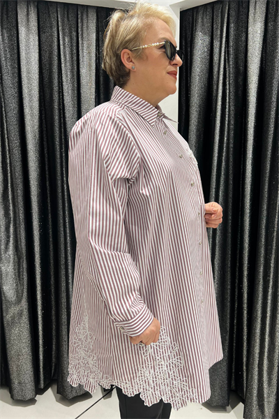 Selma Büyük Beden Çizgili Dantel Detaylı Tunik