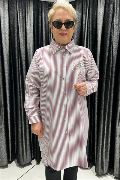 Selma Büyük Beden Çizgili Dantel Detaylı Tunik