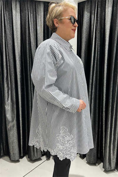 Selma Büyük Beden Çizgili Dantel Detaylı Tunik