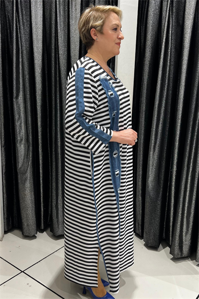 Selma Büyük Beden Çizgili Denim Detaylı Elbise