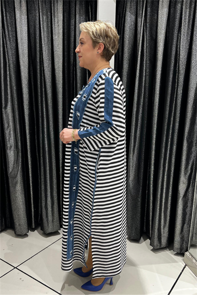 Selma Büyük Beden Çizgili Denim Detaylı Elbise