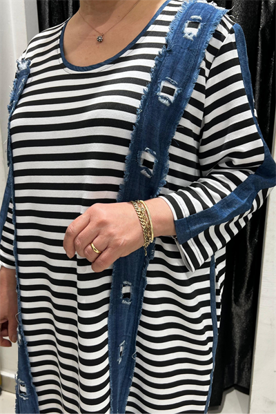Selma Büyük Beden Çizgili Denim Detaylı Elbise
