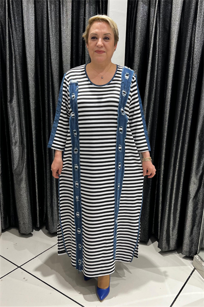 Selma Büyük Beden Çizgili Denim Detaylı Elbise
