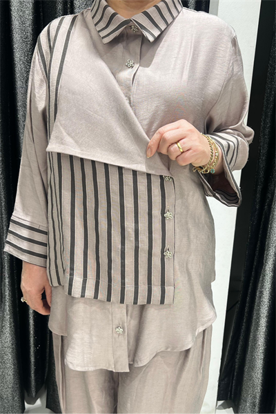 Selma Büyük Beden Çizgili Detaylı Alt-Üst Takım