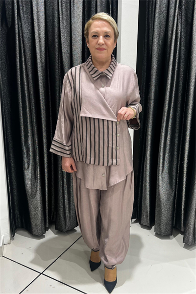 Selma Büyük Beden Çizgili Detaylı Alt-Üst Takım