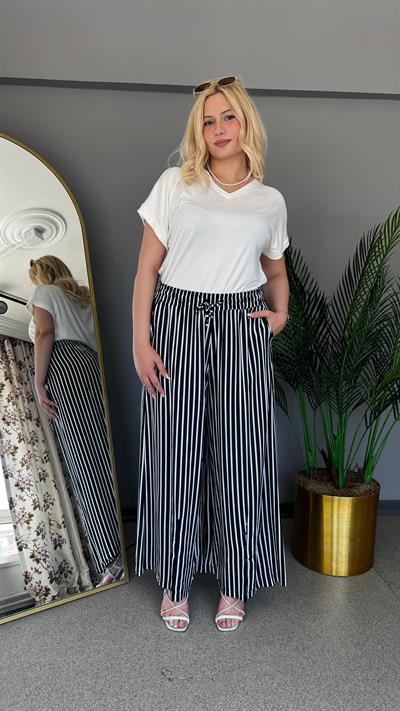 Selma Büyük Beden Çizgili Geniş Paça Yazlık Pantolon