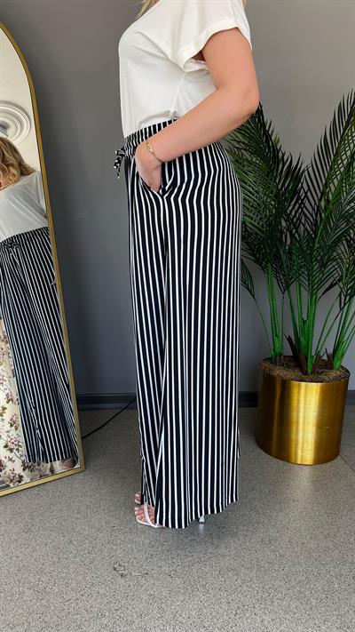 Selma Büyük Beden Çizgili Geniş Paça Yazlık Pantolon