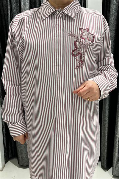 Selma Büyük Beden Çizgili Nakış İşleme Detaylı Tunik