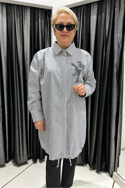 Selma Büyük Beden Çizgili Nakış İşleme Detaylı Tunik