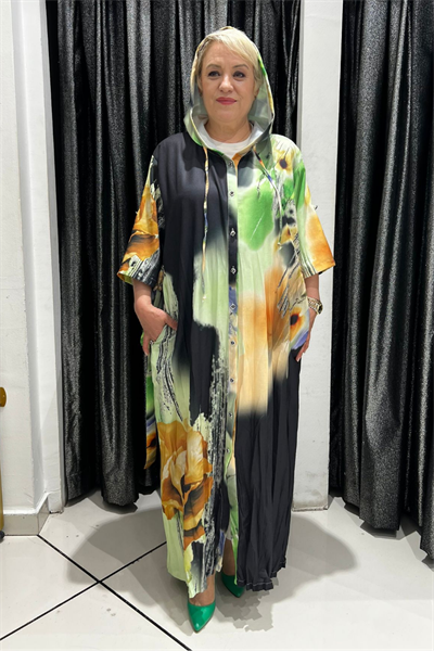 Selma Büyük Beden Çok Amaçlı Çiçek Desenli Kapüşonlu Hırka/Elbise