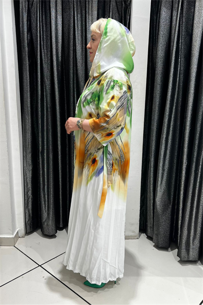 Selma Büyük Beden Çok Amaçlı Çiçek Desenli Kapüşonlu Hırka/Elbise