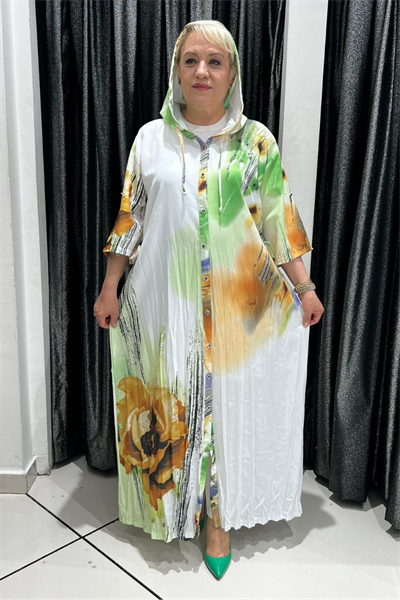 Selma Büyük Beden Çok Amaçlı Çiçek Desenli Kapüşonlu Hırka/Elbise