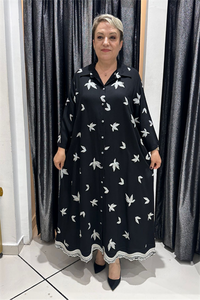 Selma Büyük Beden Dantel Detaylı Düğmeli Elbise
