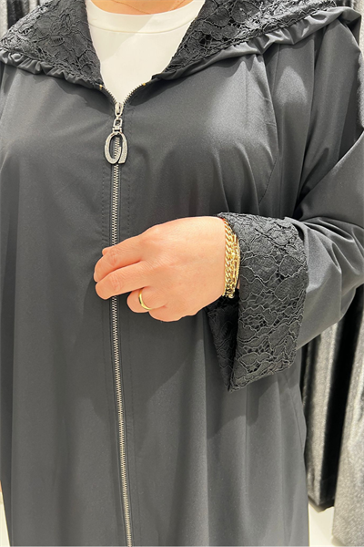 Selma Büyük Beden Dantel Detaylı Kapüşonlu Trençkot