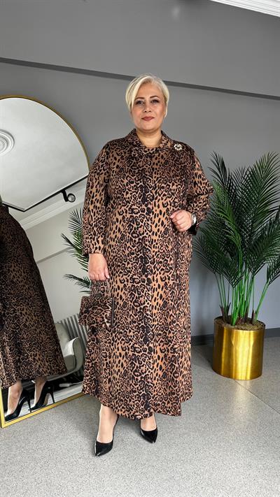 Selma Büyük Beden Degaje Yaka Leopar Elbise